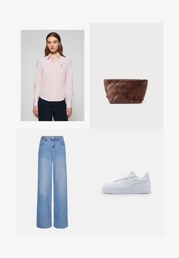 Camisa de botones rosa claro de manga larga, con cuello puntiagudo y un pequeño logo azul marino en el pecho. Hecha de algodón con una textura suave.; Jeans de mezclilla de pernera ancha en azul claro. Presenta una cinturilla trenzada, dos bolsillos frontales y costura en el dobladillo para un detalle adicional.; Zapatillas de cuero blanco con suela gruesa, que presentan una textura suave, un diseño minimalista, rayas laterales y un pequeño detalle del logo.; Bolso de mano de cuero trenzado marrón con forma trapezoidal y una pequeña placa de marca en el centro frontal.