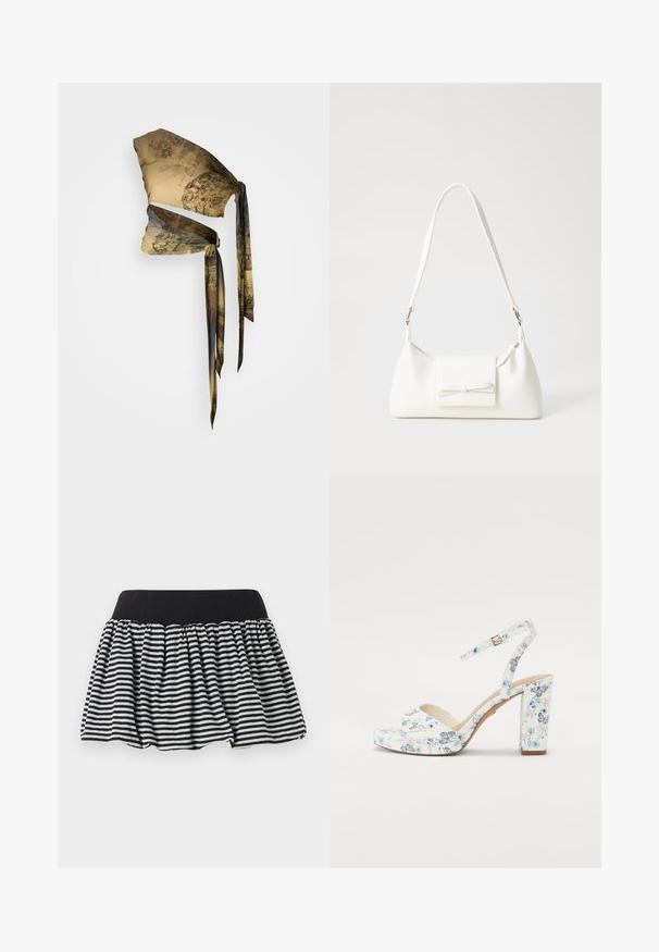 Silkehodetørkle i beige og brunt med vintage mønstre. Har lange, flytende bånd og en teksturert overflate. Stillegant og allsidig design.; Svart og hvitstripet skjørt med rynket design og elastisk liv, laget av mykt materiale. Har en utvidet form for fylde.; Hvit blomstertrykk høyhælte sandal med tykk blokkheel, ankelreim og åpen tådesign. Har ulike blå og ferskenfargede blomster.; Hvit syntetisk håndveske med trekantet form, flat klaff foran og sløyfe detaljer, justerbar stropp, glatt tekstur og minimalistisk design.