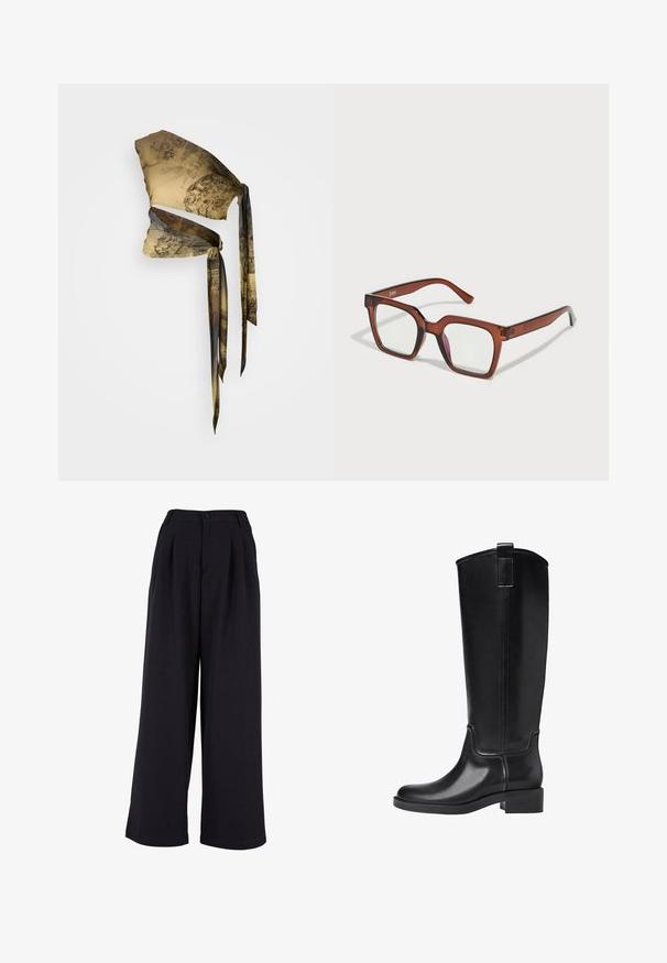 Svilen šal u bež i smešnoj boji s vintage uzorcima. Ima dugačke, lepršave trakice i teksturirani izgled. Elegantna i svestrana dizajn.; Hlače širokih nogavica od crnog materijala, s prednjim plisama, kopčanjem na dugme i glatkom teksturom. Krojenje s visokim strukom.; Crne čizme do koljena napravljene od glatkog sintetičkog materijala. Imaju zaobljen vrh, nisku blok petu i vertikalne šavove.; Smeđe oversized pravokutne naočale s prozirnim lećama i blagim ružičastim tonom na desnoj leći. Plastičan okvir s glatkom teksturom.