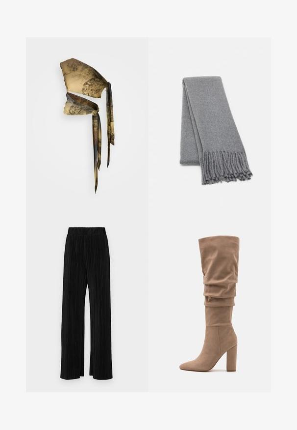 Eșarfă din mătase în nuanțe de bej și maro, cu modele vintage. Are curele lungi și fluid, cu un aspect texturat. Design stilat și versatil.; Pantaloni negri plisati cu talie elastică. Prezintă picioare largi și un material neted, texturat, cu dungi verticale.; Anna Field Cizme - beige; Fular din lână gri cu o textură moale, având margini franjurate și un design simplu. Pliat cu grijă, scoțând în evidență forma sa alungită.