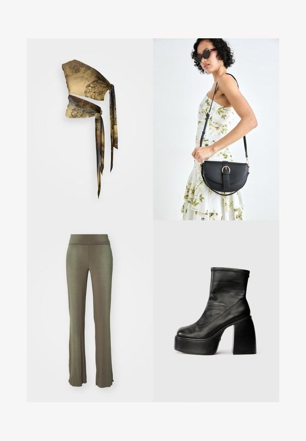 Lenço de seda em bege e castanho com padrões vintage. Apresenta faixas longas e fluídas e uma aparência texturizada. Design elegante e versátil.; Calças flare em verde-oliva, feitas de um tecido macio e elástico. Apresentam uma cintura larga e uma textura suave, sem padrões ou apontamentos visíveis.; Botas de tornozelo em couro preto com bico arredondado, textura suave e um salto bloco proeminente. Apresenta um fecho lateral. Design minimalista.; Bolsa de couro preta com forma curva, alça destacável e detalhes em dourado. A bolsa possui uma aba com detalhe de fivela.
