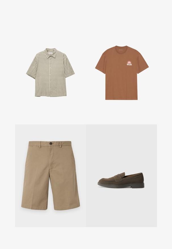 Srajca s kratkimi rokavi, v zeleni in bež karo vzoru; ovratnik; lahka tkanina; ima pet gumbov spredaj.; Bela kratka majica zavezana iz bombaža, ki ima na levem prsnem delu rožnato sončno grafiko in napis "SOLAR". Oblika s krožnim vratom.; Kratke hlače v bež barvi, narejene iz bombaža, s ravnim krojem, dvema sprednjima žepoma in gumbom za zapiranje. Gladka tekstura z minimalističnim dizajnom.; Rjavi semenski loafers s zaobljenim nosom, trak iz čez zgornji del in ravnim gumijastim podplatom. Enostavna oblika z čistimi linijami in minimalnim okrasjem.