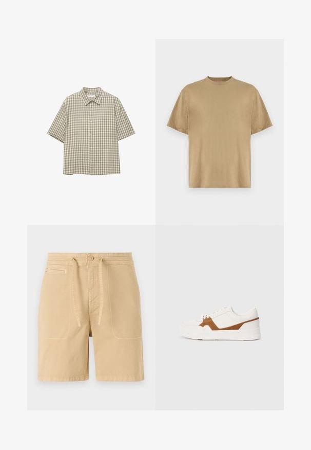 Košulja kratkih rukava s dugmadi u zeleno-bež uzorku karirano; ovratnik; lagani materijal; sadrži pet dugmadi sprijeda.; Khaki majica s kratkim rukavima izrađena od mekog materijala, s okruglim izrezom i ležernim krojem. Nema vidljivih uzoraka ni grafika.; Bež kratke hlače od pamuka, s pojasom navezivanje, prednjim džepovima i vidljivim šavovima. Jednostavan, ležeran dizajn.; Bijela tenisica s akcentima od smešnog antilopa, koja se odlikuje teksturiranom završnom obradom, kružnim vrhom, debelim đonom i tradicionalnim vezanjem.
