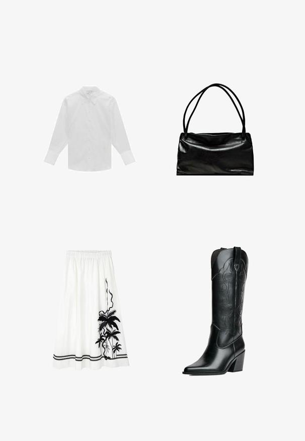 Chemise blanche à manches longues en coton, avec un col classique, des boutons sur le devant et des épaules structurées. Texture lisse.; Jupe blanche avec broderie botanique noire représentant des feuilles de palmier, une taille texturée et un motif décoratif en corde noire au niveau de l'ourlet.; Botte de cowboy en cuir noir avec un bout pointu, une tige haute et des coutures décoratives. Elle présente un talon empilé et des anses pour un enfilage facile.; Sac en cuir noir avec une texture lisse, de forme rectangulaire et deux longues poignées. Design simple sans matériel ou embellissements visibles.; Bracelets en métal doré au ton vieilli avec une texture martelée, présentant un design ouvert et des bords lisses. Deux tailles présentées : une plus large, l'autre plus fine.