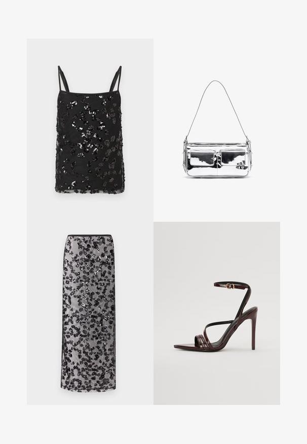 Black camisole top with thin straps, embellished with varying sizes of black and silver sequins forming a scattered pattern across the fabric.; Long black skirt with sheer overlay adorned with scattered black sequined floral patterns, against a neutral background.; Burgundy patent leather high-heeled sandal with an ankle strap, pointed toe, and three horizontal straps across the foot. Gold-tone buckle detail.; Silver metallic shoulder bag with two front pockets, smooth texture, stitch detailing, and a single detachable strap. Compact rectangular shape.