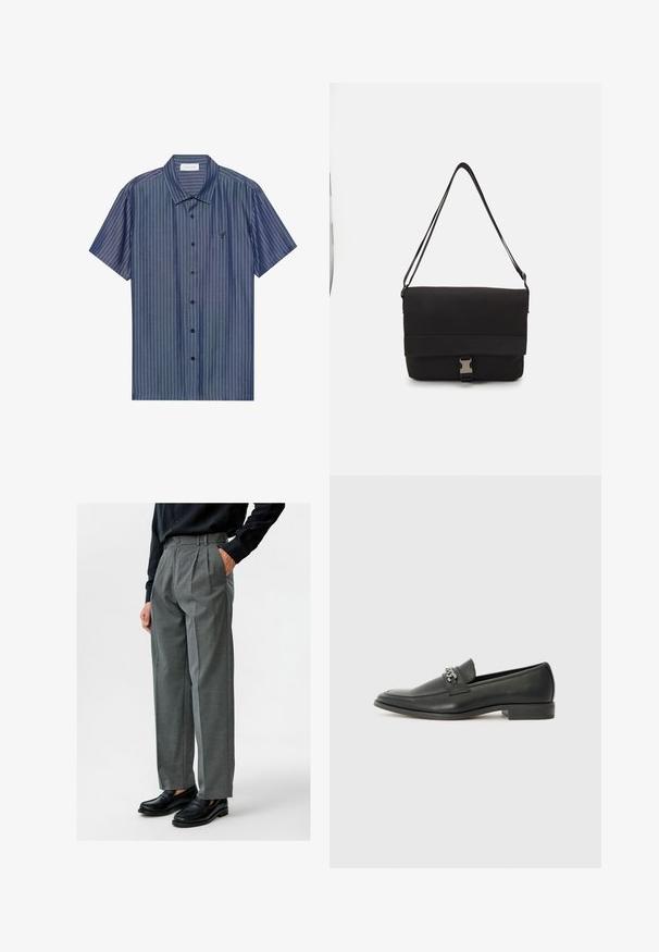 Chemise à manches courtes, boutonnée, de couleur bleu foncé avec des rayures verticales. Tissu doux, col pointu et logo brodé sur la poitrine.; Pantalons gris plissés en tissu tissé, avec une taille haute et des poches latérales, accompagnés de mocassins en cuir noir.; Mocassin en cuir noir avec une finition lisse, présentant un design cousu et une accent décoratif en chaîne métallique sur le rand. Talon plat.; Sac messager noir en matériau lisse, avec un rabat repliable, des fermoirs en métal argenté et une bandoulière réglable.
