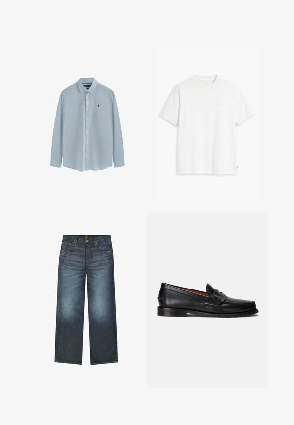 Camisa de manga larga azul claro hecha de tejido suave, con cuello abotonado, botones frontales y un pequeño logo oscuro en el lado izquierdo del pecho.; Camiseta de algodón blanca con mangas cortas, cuello redondo y sutil logo de Levi's impreso en el centro. Textura suave y ajuste estándar.; Jeans de corte ancho en azul oscuro, fabricados en denim, que cuentan con cinco bolsillos, costuras en contraste y un cierre de botón en la cintura.; Mocasines de cuero negro con acabado liso, punta redondeada y una banda decorativa en la parte superior. Presentan una suela baja negra.