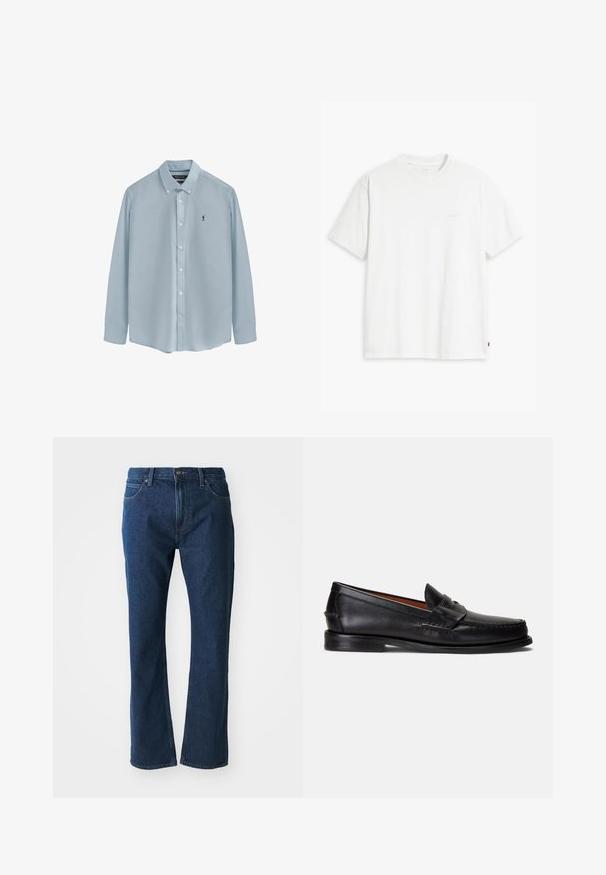 Camicia azzurra a maniche lunghe realizzata in tessuto liscio, con colletto abbottonato, bottoni frontali e un piccolo logo scuro sul lato sinistro del petto.; T-shirt bianca in cotone con maniche corte, colletto tondo e logo Levi's discreto stampato al centro. Texture morbida e vestibilità standard.; Jeans in denim blu scuro con taglio dritto, chiusura frontale con bottone e zip, passanti per cintura e tasche anteriori e posteriori.; Mocassini in pelle nera con finitura liscia, punta arrotondata e fascia decorativa sulla tomaia. Caratterizzati da una suola nera bassa.