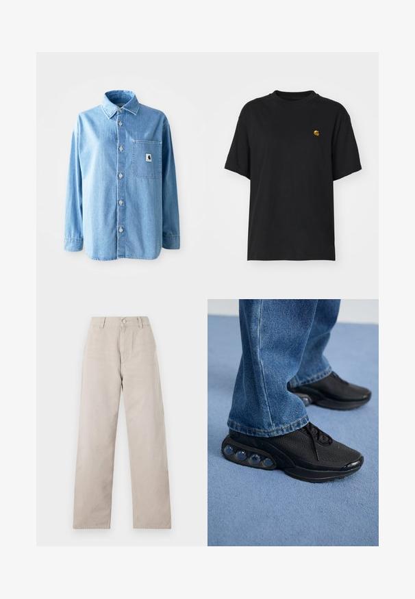 Hele helesinine teksashirt kraepe, pikkade varrukatega ja hõbedaste nuppudega. Omab ühte esist taskut logoga etiketti.; Must must särk lõdva lõikega. Omab ümmargust kaelust ja lühikesi varrukaid. Rinnal on väike kuldne tikandiga logo.; Beige sirged püksid, mis on valmistatud siledast puuvillast. Omab nööpkinnitust, vöörihmasid ja küljetaskuid. Lihtne, puhas disain.; Mustad mustandid jooksujalatsid, millel on võrkmaterjalist ülemine osa, tekstuuriga detailid ja nähtavad õhkpadjad tallas. Kandmine siniste teksadega.