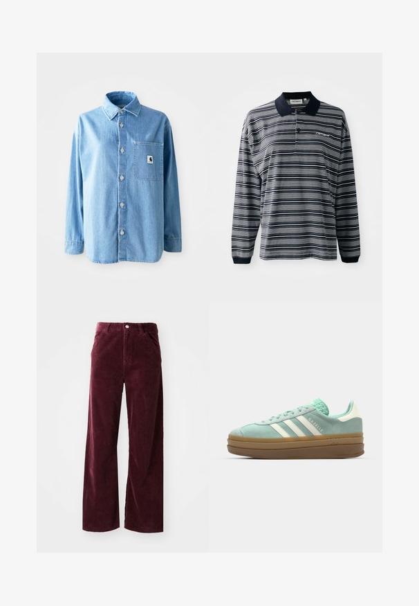 Chemise en denim bleu clair avec col, manches longues et boutons argentés. Elle présente une poche avant unique avec une étiquette de logo.; Polo à manches longues bleu marine et blanches rayées, en tissu coton, avec un col, une patte de boutonnage à trois boutons, et un petit logo brodé sur la poitrine.; Pantalons en velours côtelé bordeaux avec une coupe large, dotés de poches avant, d'une fermeture à bouton et d'une texture côtelée sur toute la surface.; adidas Originals GAZELLE BOLD - Baskets basses - ash green/off white