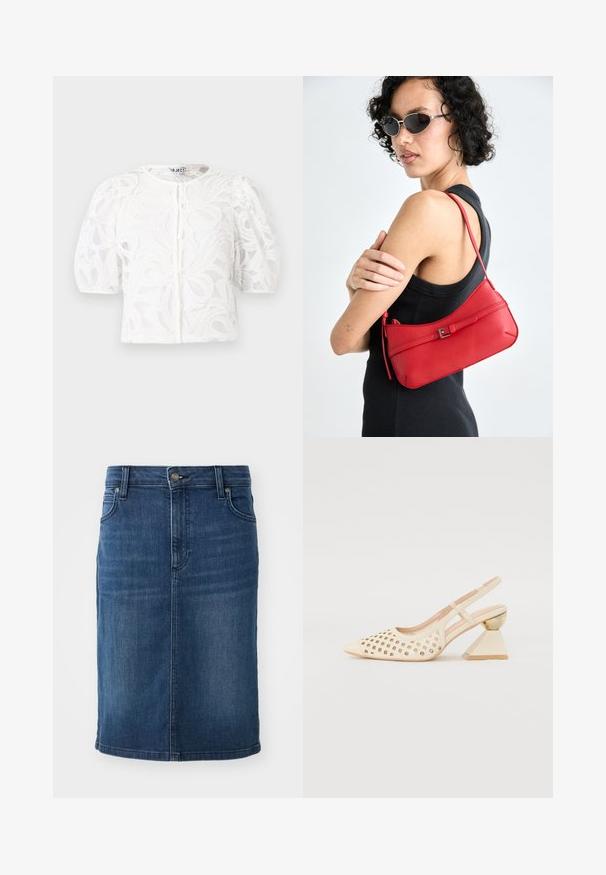 Fehér csipkeboleró kerek nyakkal, puffos rövid ujjakkal és virágmintával. Gombos záródással és áttetsző anyaggal rendelkezik.; Sötétkék farmer ceruzaszoknya, egyszínű anyaggal, középhosszú szabással, övhurkokkal és cipzáras elülső zsebekkel.; Beige szandál, perforált felsőrésszel, hegyes orral és kontrasztos háromszögletű sarokkal, amely arany díszítést tartalmaz. Az egész cipő sima anyagú.; Piros bőr válltáska sima felülettel, ívelt dizájnnal és dekoratív csattal. Állítható pánt és cipzáras záródás.