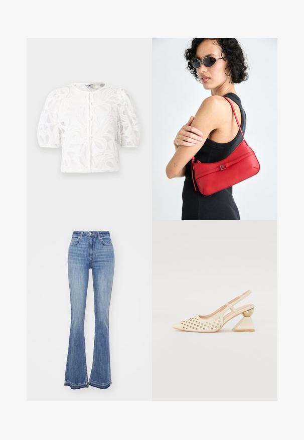 Balta nėriniuota blausda su apvaliu kaklu, pūstomis trumpomis rankovėmis ir gėlių raštu. Yra mygtukų užsegimas ir pralaidus audinys.; Aukštos juostos džinsai, platėjančio silueto, pagaminti iš vidutinio mėlynumo džinsinio audinio, su kontrastingais siūlais ir minimaliai susidėvėjimu apatinėje dalyje.; Bežinės slingback bateliai su perforuotu viršumi, smailiu nosiu ir kontrastinga trikampio formos pakulne, papuošta aukso akcentu. Apskritai sklandus paviršius.; Raudona odinė petinė rankinė su lygia tekstūra, išlenktu dizainu ir dekoratyvine sagtimi. Reguliuojama petneša ir užtrauktukas.