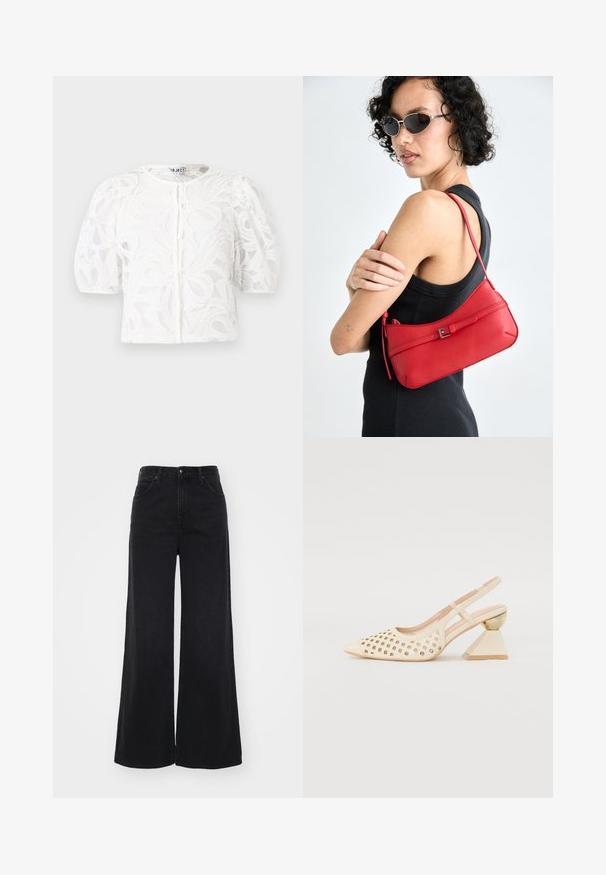 Weiße Spitzenbluse mit einem runden Ausschnitt, puffärmeligem kurzen Ärmeln und floralem Muster. Mit Knopfverschluss und durchscheinendem Stoff.; Hochgeschnittene schwarze Mom-Jeans mit weitem Bein, Front- und Gesäßtaschen, Gürtelschlaufen und Knopfschluss.; Beige Slingback-Schuh mit Perforierung im Obermaterial, spitzer Zehenpartie und einem kontrastierenden dreieckigen Absatz mit einem goldenen Akzent. Insgesamt glatte Textur.; Rote Ledertasche mit glatter Textur, geschwungenem Design und dekorativem Schnallenakzent. Verstellbarer Schulterriemen und Reißverschlussverschluss.