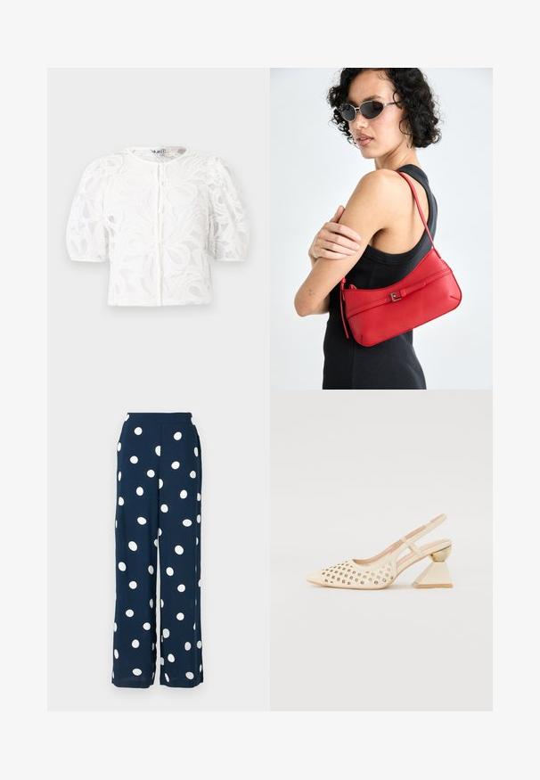 White lace blouse with a round neckline, puffed short sleeves, and floral pattern. Features button closure and sheer fabric.; Navy wide-leg pants made of lightweight fabric, featuring large white polka dots, a smooth waistband, and a relaxed fit.; Beige slingback shoe with perforated upper, pointed toe, and a contrasting triangular heel featuring a gold accent. Smooth texture overall.; Red leather shoulder bag with a smooth texture, curved design, and a decorative buckle accent. Adjustable strap and zip closure.