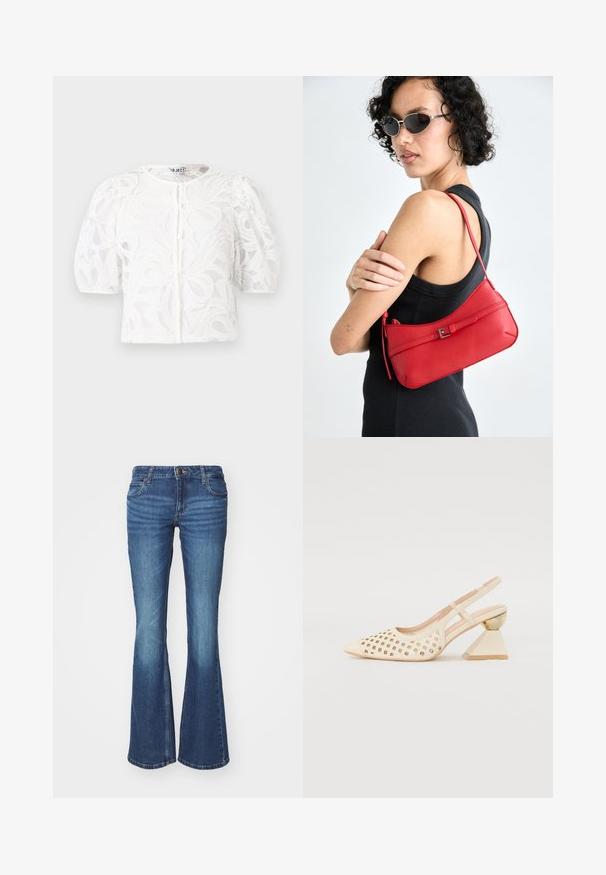 Biała koronkowa bluzka z okrągłym dekoltem, krótkimi puffowanymi rękawami i kwiatowym wzorem. Zawiera zapięcie na guziki i przezroczysty materiał.; Dżinsy z rozszerzanymi nogawkami w średnim niebieskim denimu. Zawierają zapięcie na zamek błyskawiczny z metalowym guzikiem, dwie przednie kieszenie oraz efekty przetarcia w okolicach kolan.; Beżowe buty typu slingback z perforowaną cholewką, spiczastym noskiem i kontrastowym trójkątnym obcasem z złotym akcentem. Całość ma gładką fakturę.; Czerwona skórzana torba na ramię o gładkiej teksturze, zakrzywionym kształcie i dekoracyjnym zapięciu w formie klamry. Regulowany pasek i zamek błyskawiczny.