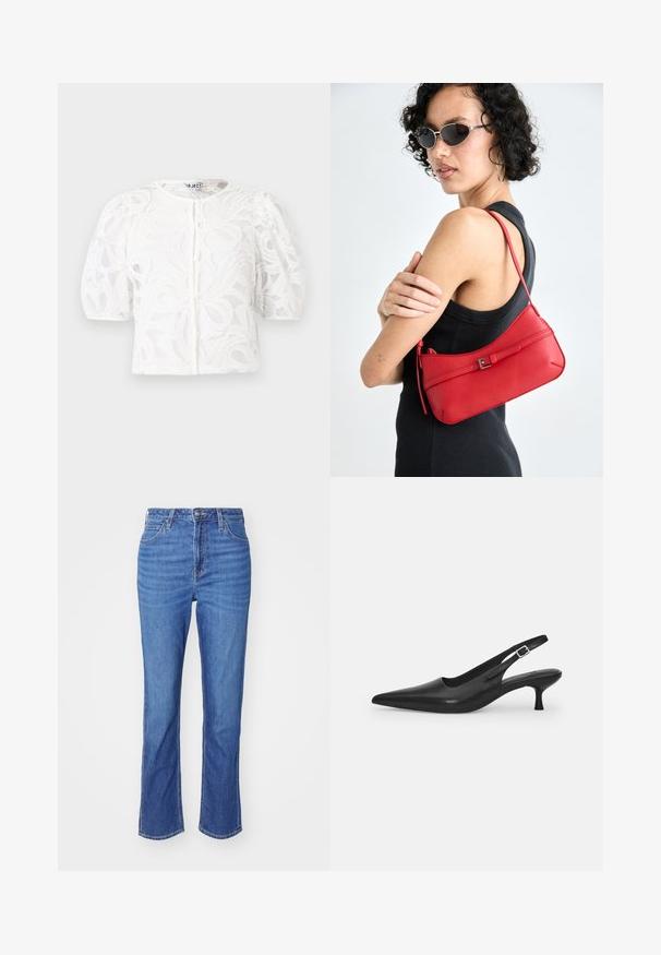 Blusa blanca de encaje con cuello redondo, mangas cortas abullonadas y patrón floral. Cuenta con cierre de botones y tela transparente.; Vaqueros de mezclilla azul con un diseño de pierna recta, que cuentan con cinco bolsillos y un cierre de botón. La tela presenta un sutil patrón desgastado.; Zapato negro de piel tipo slingback con punta afilada y un tacón delgado y curvado. Presenta una correa ajustable discreta con una hebilla de metal.; Bolso de hombro de cuero rojo con una textura suave, diseño curvado y un accesorio de hebilla decorativa. Correa ajustable y cierre de cremallera.