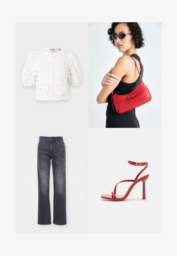 Blusa blanca de encaje con cuello redondo, mangas cortas abullonadas y patrón floral. Cuenta con cierre de botones y tela transparente.; Vaqueros rectos de mezclilla en gris oscuro, con cinco bolsillos, cierre de botón y cremallera, y un ligero desvanecimiento y arrugas.; ALDO SCINTILLA - Sandalias de tacón - red; Bolso de hombro de cuero rojo con una textura suave, diseño curvado y un accesorio de hebilla decorativa. Correa ajustable y cierre de cremallera.