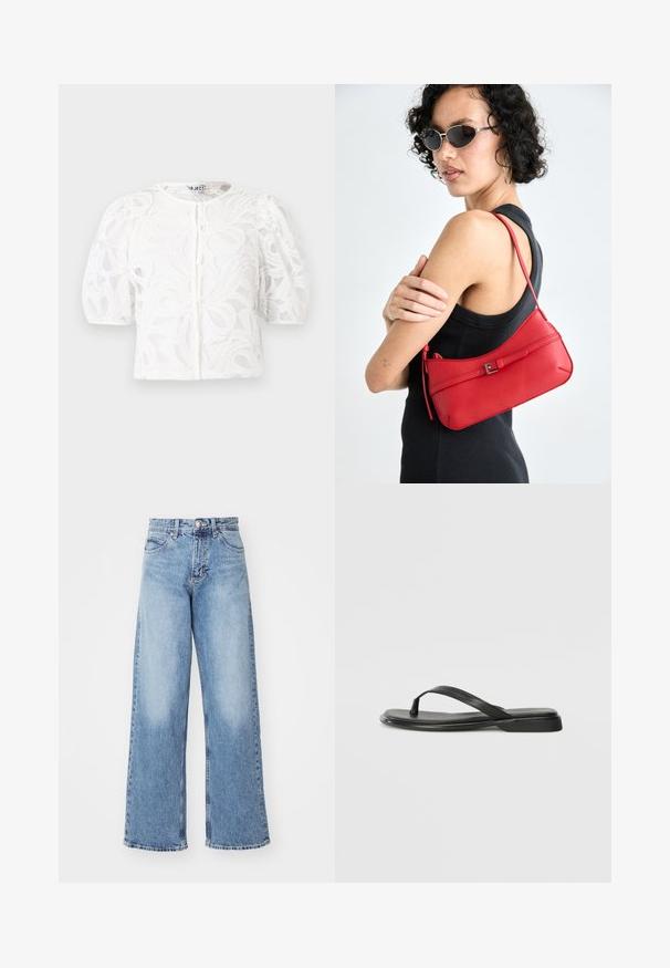 Biała koronkowa bluzka z okrągłym dekoltem, krótkimi puffowanymi rękawami i kwiatowym wzorem. Zawiera zapięcie na guziki i przezroczysty materiał.; Jasnoniebieskie dżinsy szerokie z wysokim stanem, z pięcioma kieszeniami i zapięciem na guzik. Zniszczona tekstura i postrzępiony dół.; Czarne klapki wykonane z gładkiej skóry, z cienkim paskiem i płaską podeszwą o minimalistycznym profilu. Brak widocznych wzorów lub akcentów.; Czerwona skórzana torba na ramię o gładkiej teksturze, zakrzywionym kształcie i dekoracyjnym zapięciu w formie klamry. Regulowany pasek i zamek błyskawiczny.