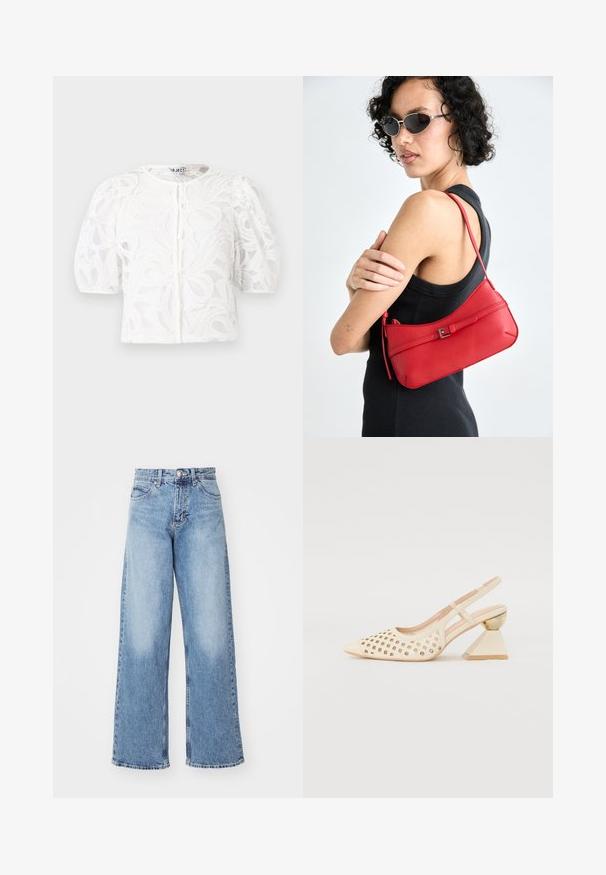Blusa branca de renda com decote redondo, mangas curtas bufantes e padrão floral. Apresenta fecho de botão e tecido transparente.; Calças de ganga largas em azul claro com cintura alta, apresentando cinco bolsos e fecho com botão. Textura desgastada e barra desfiada.; Sapato slingback bege com parte superior perfurada, bico apontado e um salto triangular contrastante com um detalhe em dourado. Textura suave no geral.; Bolsa de ombro em couro vermelho com uma textura suave, design curvado e um acento decorativo com fivela. Alça ajustável e fecho com zip.