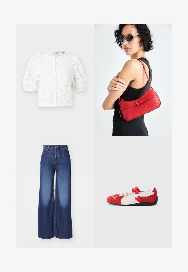 Bijela čipkana bluzica s okruglim izrezom, nabranim kratkim rukavima i cvjetnim uzorkom. Ima kopčanje na gumb i prozirnu tkaninu.; Svačene traperice u tamnoplavoj boji, s visokim strukom, suptilnim izbljeđivanjem, klasičnim pet džepovima i šivanim rubom bez ukrasa.; Crvene i bijele nubuk cipele s niskim profilom, koje imaju elastične trake i teksturiranu crnu gumenu potplat. Puma logotip sa strane.; Crvena kožna torba preko ramena s glatkom teksturom, zakrivljenim dizajnom i dekorativnom kopčom. Podesivi remen i zatvaranje na patentni zatvarač.