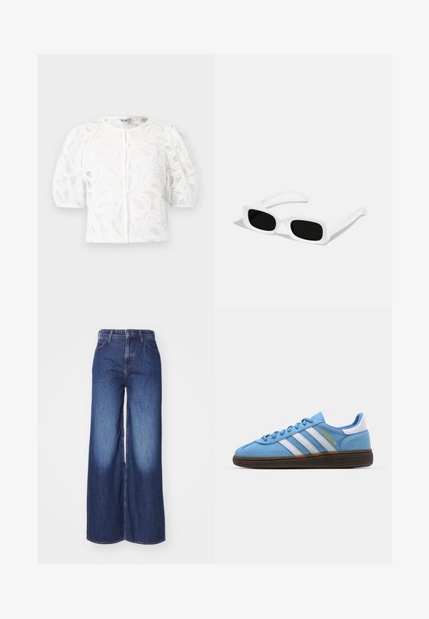 Balta nėriniuota blausda su apvaliu kaklu, pūstomis trumpomis rankovėmis ir gėlių raštu. Yra mygtukų užsegimas ir pralaidus audinys.; Tamsiai mėlynos plačiosios džinsinės kelnės, su aukštu liemeniu, subtiliu nusidėvėjimu, klasikine penkių kišenių konstrukcija ir siūta apdaila be papuošimų.; Šviesiai mėlyni suediniai sportbačiai su baltomis odinėmis juostelėmis, ruda tekstūruota padais ir auksiniu logotipo akcentu. Žemas dizainas su apvaliu pirštu.; Baltos stačiakampio formos saulės akinius su juodais lęšiais, turinčius matinį paviršių ir švelnų tekstūrą. Rankenos yra grakščios ir šiek tiek lenktos.; Raudona odinė petinė rankinė su lygia tekstūra, išlenktu dizainu ir dekoratyvine sagtimi. Reguliuojama petneša ir užtrauktukas.