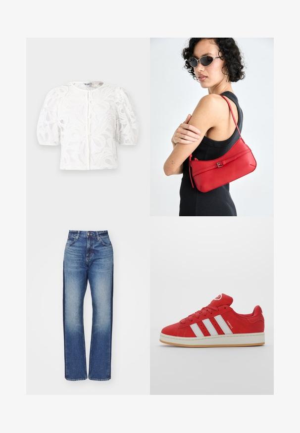 Fehér csipkeboleró kerek nyakkal, puffos rövid ujjakkal és virágmintával. Gombos záródással és áttetsző anyaggal rendelkezik.; Magas derekú kék farmernadrág, enyhén kopott mosással, sötét oldalsó panelek és egyenes szárú dizájn jellemzi. Farmerből készült, standard varrással.; Piros velúr sportcipők három fehér csíkkal, gumitalppal, lekerekített orral és párnázott nyelvvel, amelyen a "CAMPUS" felirat található az oldalon.; Piros bőr válltáska sima felülettel, ívelt dizájnnal és dekoratív csattal. Állítható pánt és cipzáras záródás.