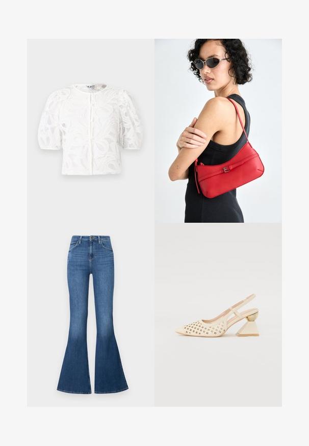 Blusa branca de renda com decote redondo, mangas curtas bufantes e padrão floral. Apresenta fecho de botão e tecido transparente.; Calças de ganga azuis de cintura alta, com pernas retas e uma boca gradualmente mais larga do joelho à bainha, apresentando um clássico design de cinco bolsos.; Sapato slingback bege com parte superior perfurada, bico apontado e um salto triangular contrastante com um detalhe em dourado. Textura suave no geral.; Bolsa de ombro em couro vermelho com uma textura suave, design curvado e um acento decorativo com fivela. Alça ajustável e fecho com zip.