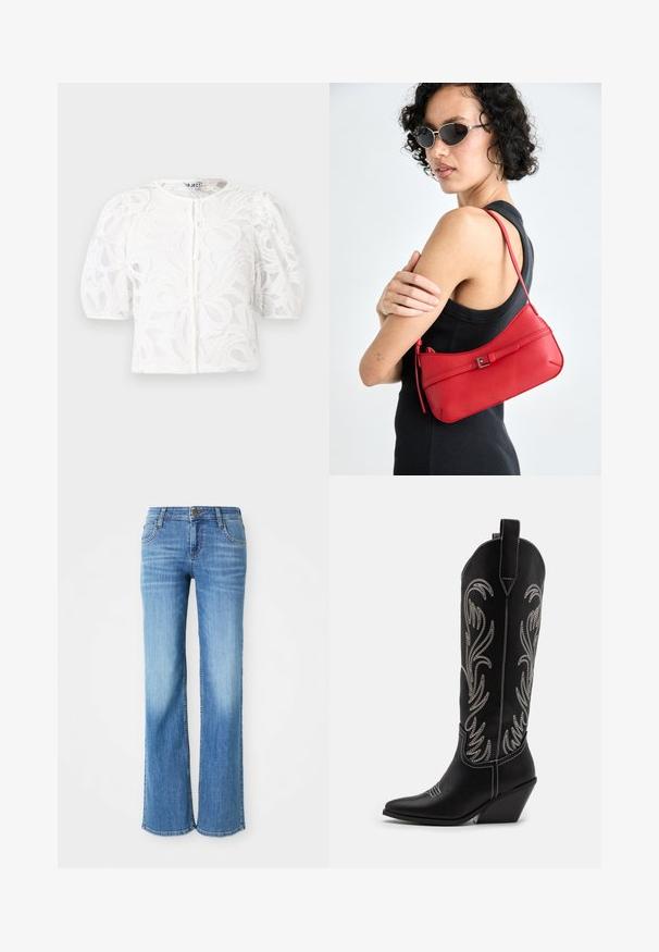 Baltā mežģīņu blūze ar apaļu kakla izgriezumu, pūkainām īsām piedurknēm un ziedu rakstu. Iezīmētais poga aizdare un caurspīdīga auduma.; Gai zila denima bikses ar taisnu kāju griezumu, piecām kabatām un klasisku pogu aizdari, ar zīmola etiķeti jostā.; Melnas ādas kovboju zābakus ar norādītām pirkstiem, sānām paceltu papēdi un sudraba izšūtām ziedu rakstiem gar zābaka kāju. Kontrasta dūrieni visā zābakā.; Sarkans ādas plecu soma ar gludu tekstūru, izliekta dizaina un dekoratīvu sprādzi. Regulējams siksna un rāvējslēdzēja aizdare.