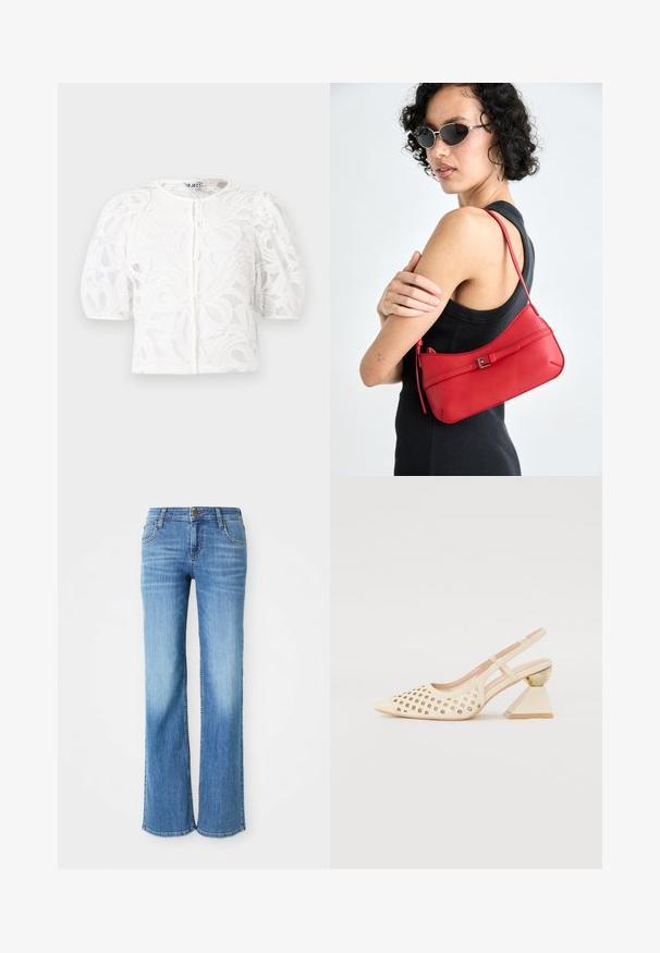 Bijela čipkana bluzica s okruglim izrezom, nabranim kratkim rukavima i cvjetnim uzorkom. Ima kopčanje na gumb i prozirnu tkaninu.; Svijetloplave traperice, s ravnim krojem, pet džepova i klasičnim gumbom za zatvaranje, uz markiranu oznaku na pojasu.; Bež sandala s perforiranim gornjim dijelom, šiljastim nosom i kontrastnom trokutastom potpeticom s zlatnim naglaskom. Cjelokupna površina je glatka.; Crvena kožna torba preko ramena s glatkom teksturom, zakrivljenim dizajnom i dekorativnom kopčom. Podesivi remen i zatvaranje na patentni zatvarač.