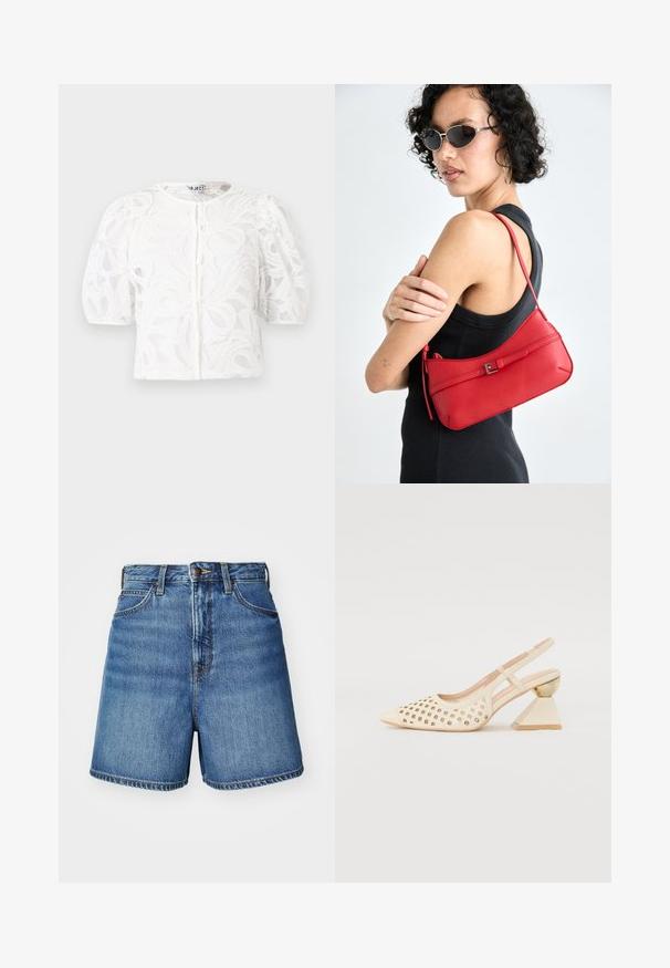 Blusa branca de renda com decote redondo, mangas curtas bufantes e padrão floral. Apresenta fecho de botão e tecido transparente.; Shorts de ganga em azul claro com um corte clássico, apresentando bolsos frontais, fecho com zíper e detalhes de costura na bainha.; Sapato slingback bege com parte superior perfurada, bico apontado e um salto triangular contrastante com um detalhe em dourado. Textura suave no geral.; Bolsa de ombro em couro vermelho com uma textura suave, design curvado e um acento decorativo com fivela. Alça ajustável e fecho com zip.