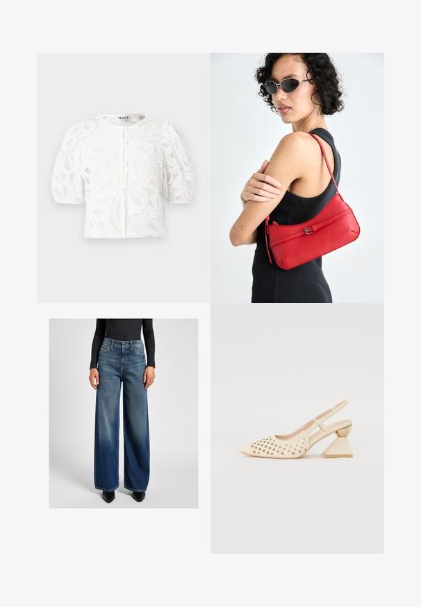 Blusa branca de renda com decote redondo, mangas curtas bufantes e padrão floral. Apresenta fecho de botão e tecido transparente.; Mulher vestindo jeans azul de perna larga e cintura alta, top preto de manga longa canelado, sapatos pretos de bico fino, em pé contra um fundo claro e liso.; Sapato slingback bege com parte superior perfurada, bico apontado e um salto triangular contrastante com um detalhe em dourado. Textura suave no geral.; Bolsa de ombro em couro vermelho com uma textura suave, design curvado e um acento decorativo com fivela. Alça ajustável e fecho com zip.