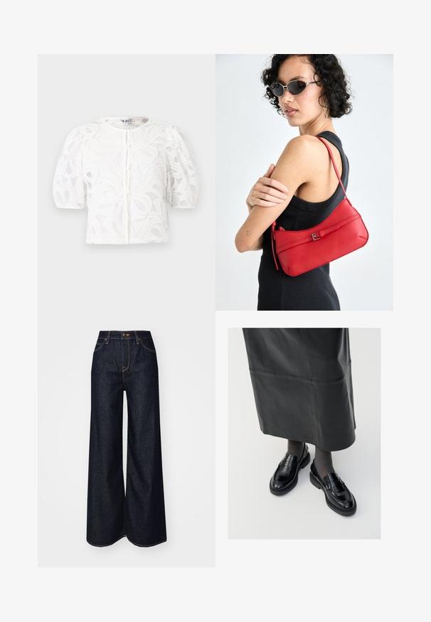 Bijela čipkana bluzica s okruglim izrezom, nabranim kratkim rukavima i cvjetnim uzorkom. Ima kopčanje na gumb i prozirnu tkaninu.; Lee STELLA - Traperice opuštenog kroja - dark beat; Crne kožne mokasine s glatkom završnom obradom, s dekorativnom trakicom, okruglim vrhom i teksturiranom potplatom. Nosi se s dugom crnom kožnom suknjom.; Crvena kožna torba preko ramena s glatkom teksturom, zakrivljenim dizajnom i dekorativnom kopčom. Podesivi remen i zatvaranje na patentni zatvarač.