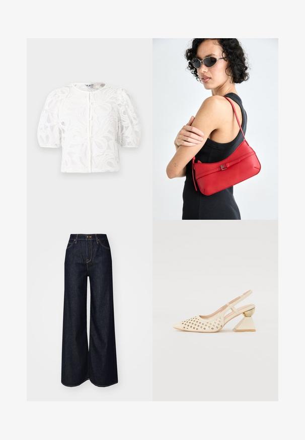 Valkoinen pitsitoppi, jossa on pyöreä kaula-aukko, puffattuja lyhyitä hihoja ja kukkakuosi. Sisältää napitus- ja läpinäkyvän kankaan.; Lee STELLA - Relaxed fit -farkut - dark beat; Bež sandle s perforiranim gornjim dijelom, uskim vrhom i kontrastnom trokutaškom petom koja ima zlatni naglasak. Glatka tekstura u cjelini.; Punainen nahkainen olkalaukku, jossa on sileä rakenne, kaareva muotoilu ja koristeellinen solki. Säädettävä hihna ja vetoketjukiinnitys.