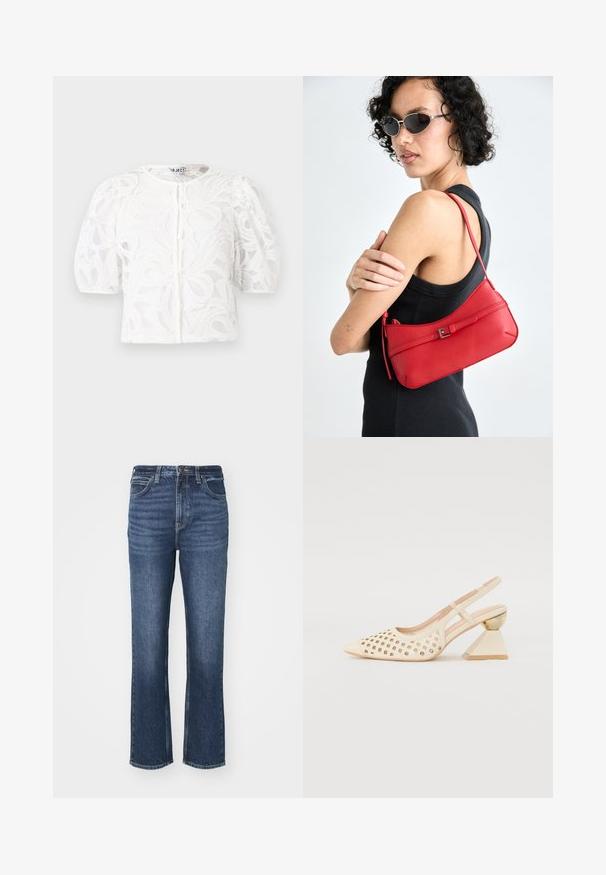 Bela čipkasta bluzica z okroglo izrezom, napihnjenimi kratkimi rokavi in cvetličnim vzorcem. Ima gumbno zapiranje in prosojno tkanino.; Modre kavbojke širokega kroja, ki imajo klasičen dizajn s petimi žepi, kovinsko strojno opremo in rahlo zbledelost na sprednji strani.; Beige sandal s peto s perforirano zgornjo stranjo, s koničastim nosom in kontrastno trikotno peto, ki ima zlat akcent. Splošno gladka tekstura.; Rdeča usnjena torbica za ramo z gladko teksturo, ukrivljeno zasnovo in dekorativno zaponko. Prilagodljiv trak in zadrga.