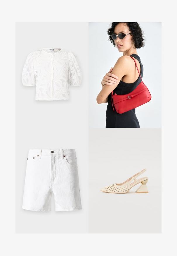 Bluză albă din dantelă, cu guler rotund, mâneci scurte cu volane și model floral. Dispune de închidere cu nasturi și material semi-transparent.; Sorturi din denim alb cu un design clasic, stil cu cinci buzunare, accente cu butoane din cupru și un finisaj de țesătură ușor texturat.; Pantofii cu toc înalt, de culoare bej, clasic, cu partea superioară perforată, vârf ascuțit și un toc triangular contrastant cu un accent auriu. Textura este netedă în general.; Geantă de umăr din piele roșie cu o textură netedă, design curbat și un accent decorativ sub formă de cataramă. Curea ajustabilă și închidere cu fermoar.