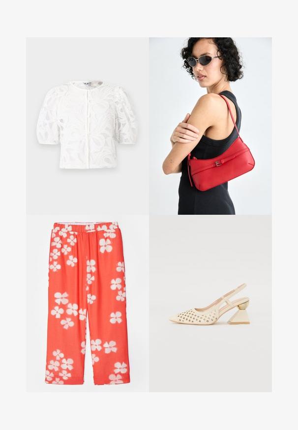 Baltā mežģīņu blūze ar apaļu kakla izgriezumu, pūkainām īsām piedurknēm un ziedu rakstu. Iezīmētais poga aizdare un caurspīdīga auduma.; Sarkano ziedu raksta bikses ar vieglu, teksturētu audumu. Iespējas elastīgs jostasvīrs un plata, taisna kāju griezums.; Beige siksnīšu kurpes ar perforētu augšējo daļu, smailu purngalu un kontrastējošu trīsstūra papēdi, kas rotāta ar zeltu. Kopumā gluda tekstūra.; Sarkans ādas plecu soma ar gludu tekstūru, izliekta dizaina un dekoratīvu sprādzi. Regulējams siksna un rāvējslēdzēja aizdare.