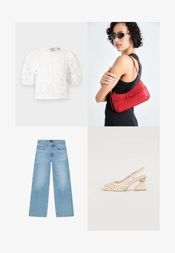 Blusa branca de renda com decote redondo, mangas curtas bufantes e padrão floral. Apresenta fecho de botão e tecido transparente.; Cowboy jeans de corte largo, em azul claro, feitos de denim. Apresentam um design clássico de cinco bolsos e uma textura ligeiramente desgastada. Fecho com botão e zipper.; Sapato slingback bege com parte superior perfurada, bico apontado e um salto triangular contrastante com um detalhe em dourado. Textura suave no geral.; Bolsa de ombro em couro vermelho com uma textura suave, design curvado e um acento decorativo com fivela. Alça ajustável e fecho com zip.
