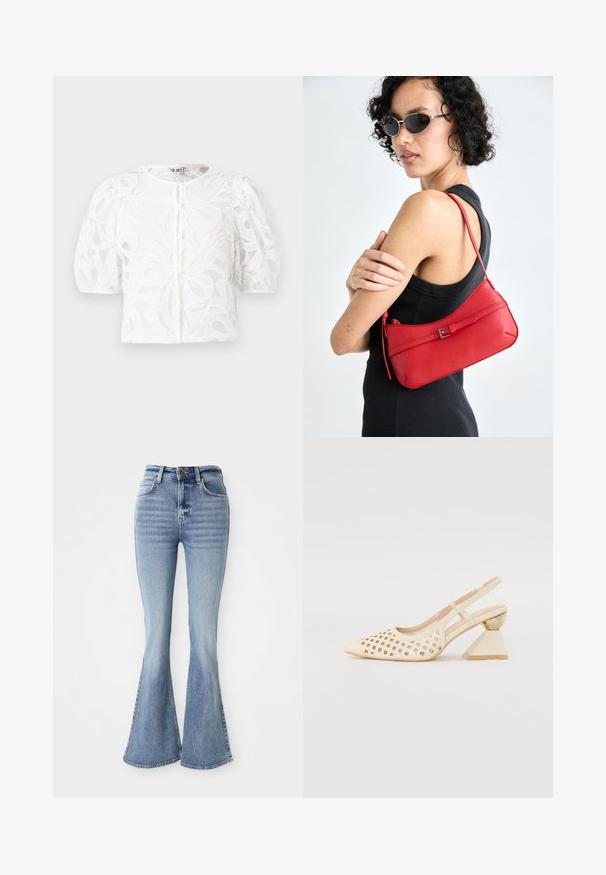 Fehér csipkeboleró kerek nyakkal, puffos rövid ujjakkal és virágmintával. Gombos záródással és áttetsző anyaggal rendelkezik.; Világoskék, magas derekú farmernadrág, haranglábbal, elülső gombbal és zsebekkel, fehér háttéren bemutatva.; Beige szandál, perforált felsőrésszel, hegyes orral és kontrasztos háromszögletű sarokkal, amely arany díszítést tartalmaz. Az egész cipő sima anyagú.; Piros bőr válltáska sima felülettel, ívelt dizájnnal és dekoratív csattal. Állítható pánt és cipzáras záródás.