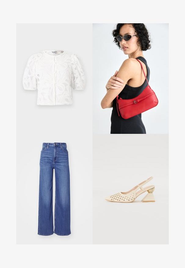 Blusa branca de renda com decote redondo, mangas curtas bufantes e padrão floral. Apresenta fecho de botão e tecido transparente.; Jeans de perna larga feitos de denim azul claro, com uma cintura alta, design de cinco bolsos e detalhes costurados ao longo das costuras.; Sapato slingback bege com parte superior perfurada, bico apontado e um salto triangular contrastante com um detalhe em dourado. Textura suave no geral.; Bolsa de ombro em couro vermelho com uma textura suave, design curvado e um acento decorativo com fivela. Alça ajustável e fecho com zip.