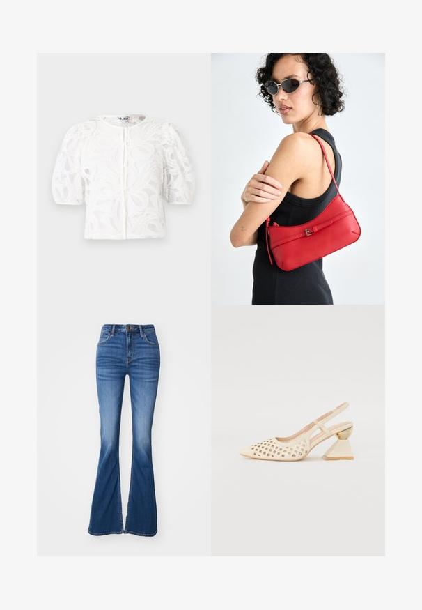 Bijela čipkana bluzica s okruglim izrezom, nabranim kratkim rukavima i cvjetnim uzorkom. Ima kopčanje na gumb i prozirnu tkaninu.; Traperice s nogavicama u plavoj boji i srednjim pranjem, s kontrastnim šavovima, pet džepova i prednjim zatvaranjem na dugme.; Bež sandala s perforiranim gornjim dijelom, šiljastim nosom i kontrastnom trokutastom potpeticom s zlatnim naglaskom. Cjelokupna površina je glatka.; Crvena kožna torba preko ramena s glatkom teksturom, zakrivljenim dizajnom i dekorativnom kopčom. Podesivi remen i zatvaranje na patentni zatvarač.