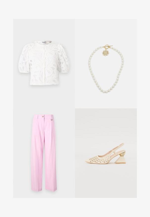 Fehér csipkeboleró kerek nyakkal, puffos rövid ujjakkal és virágmintával. Gombos záródással és áttetsző anyaggal rendelkezik.; Halvány rózsaszín, bő szárú nadrág, elülső redővel, gombzárással és fémsaival díszítve. Sima textúra és minimalista dizájn.; Beige szandál, perforált felsőrésszel, hegyes orral és kontrasztos háromszögletű sarokkal, amely arany díszítést tartalmaz. Az egész cipő sima anyagú.; Lauren Ralph Lauren COLLAR - Nyaklánc - gold-coloured/white