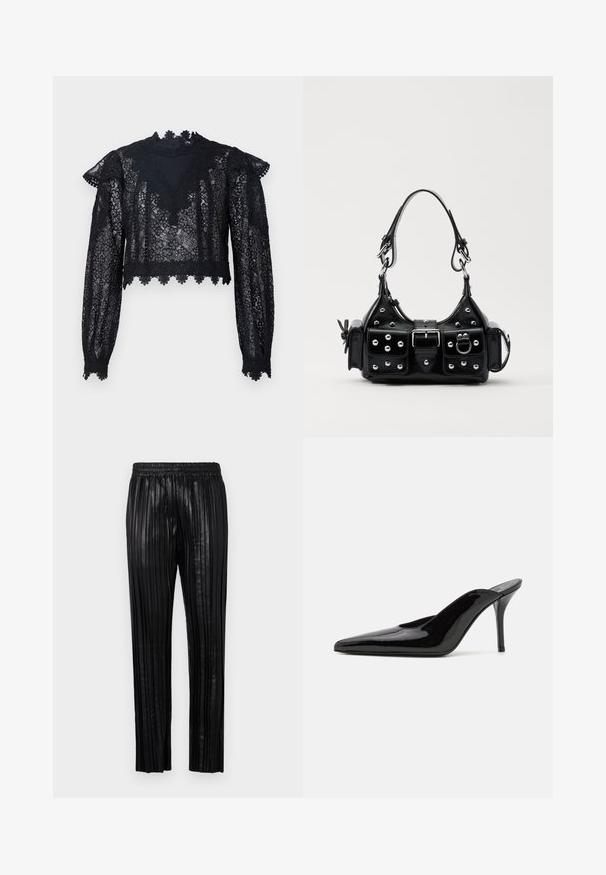 Czarny koronkowy top z krótkim rękawem, z długimi rękawami, wysokim dekoltem i falbaniastym wykończeniem. Kwiatowy wzór z przezroczystą fakturą w całej konstrukcji.; Czarne, plisowane spodnie skórzane z elastycznym paskiem w talii i prostym krojem nogawki, z pionowymi rowkami dla nadania tekstury.; Czarne lakierowane mule na wysokim obcasie z wąskim noskiem i elegancką sylwetką, charakteryzujące się otwartym tyłem i smukłym szpilką.; Czarna skórzana torebka w zakrzywionym kształcie, z srebrnymi ćwiekami, klamrą i dwoma bocznymi kieszeniami. Regulowany pasek umożliwiający różne opcje noszenia.
