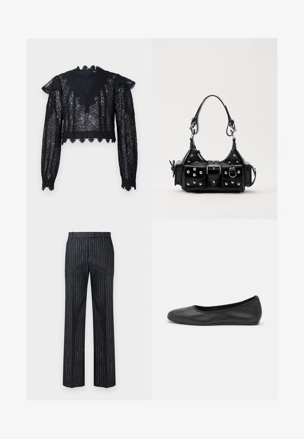 Black lace crop top featuring long sleeves, a high neck, and scalloped trim. Floral pattern with sheer texture throughout.; Dark striped trousers featuring a wide-leg design, made from textured fabric with vertical silver pinstripes. Flat front and belt loops.; Black leather ballet flat with a rounded toe, smooth texture, minimal stitching detail, and a flexible sole design.; Black leather handbag with a curved design, featuring silver studs, a buckle, and two side pockets. Adjustable strap for carrying options.