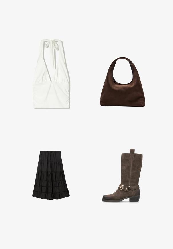 Valkoinen halterneck-top, jossa on syvä V-pääntie, poimutettu etuosa ja säädettävä solki kaulassa. Valmistettu pehmeästä, teksturoidusta kankaasta.; Mustat kerrokselliset hameet, jotka on valmistettu kevyestä kankaasta. Hameessa on nyöri vyötäröllä, röyhelöhänttyt ja soljuva siluetti.; Ruskean samettiset polvipituiset saappaat, joissa on neliönmuotoinen kärki, hillitty korko ja nahkavyö, jossa on kultainen solkiyksityiskohta.; Pehmeä ruskea hobo-tyylinen käsilaukku, jossa on yksi leveä olkahihna ja kaareva yläosan aukko, esitelty valkoista taustaa vasten.