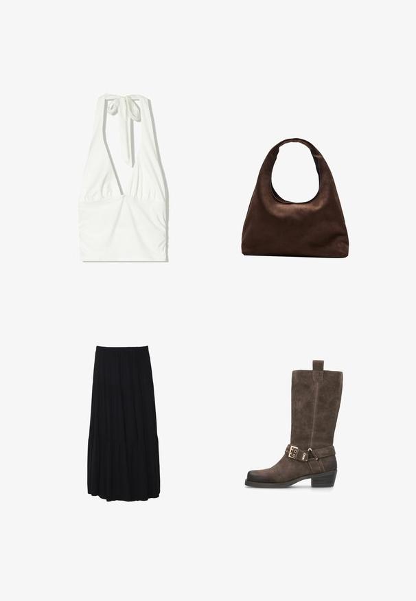 Haut à bretelles blanc avec un décolleté en V profond, un devant froncé et un lien ajustable au cou. Fabriqué en tissu doux et texturé.; Jupe midi noire à volants avec une taille élastique, fabriquée en tissu doux, présentant une silhouette fluide et une texture lisse.; Botte en suède marron jusqu'au genou avec un bout carré, un talon discret et une sangle en cuir ornée d'une boucle dorée.; Sac à main en toile marron doux de style hobo avec une large sangle unique et une ouverture en haut arrondie, présenté sur un fond blanc.