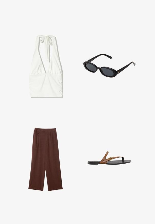Hvid halterneck-top med dyb V-udskæring, samlet front og justerbar snøring i nakken. Fremstillet af blødt, struktureret stof.; Brune bredbensbukser med snor i taljen, med folder og en blød tekstur, lavet af letvægtsstof.; Brune læder flip-flop sandal med guld spænde detalje, flad sort sål og minimalistisk design, som har en glat tekstur.; Store store; Blød brun hobo-stil håndtaske med en enkelt bred strop og en buet åbning på toppen, vist på en hvid baggrund.