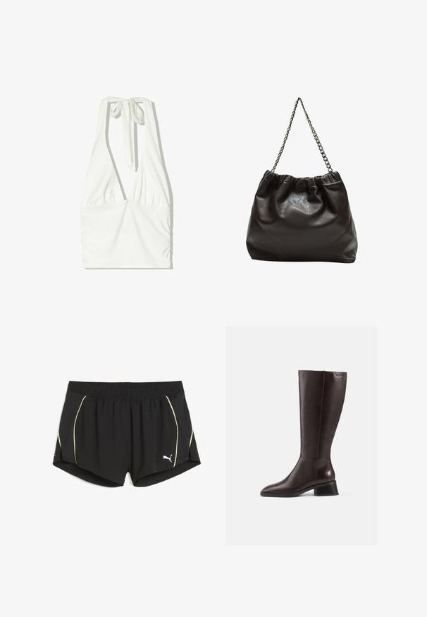 Vit halterneck top med en djup V-ringning, rynkad front och justerbar knytning i nacken. Tillverkad av mjukt, texturerat tyg.; Svarta sportshorts i lätt material, med gula sidodetaljer och elastisk midja. Logotyp placerad på nedre vänstra sidan.; Knähöga bruna läderstövlar med en slät finish, rund tå och en staplad svart klack. Enkel design med minimala hårdvarudetaljer.; Brun läderväska med rynkad topp och kedjesnodd. Slät textur med en blankslipad yta och subtila sömdetaljer på sidorna.