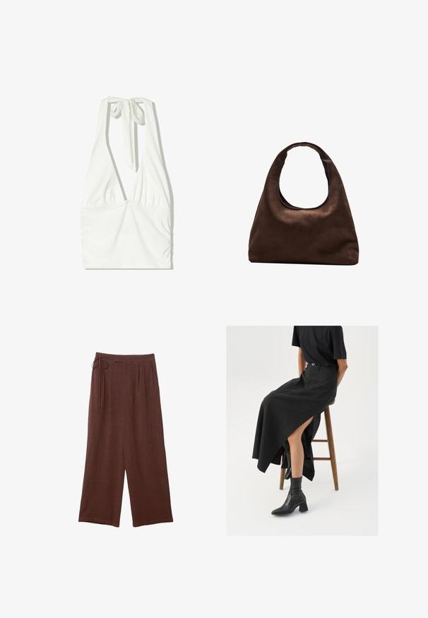 Top bianco con spalline a halter, scollatura a V profonda, fronte arricciato e laccio regolabile al collo. Realizzato in un morbido tessuto testurizzato.; Pantaloni larghi marroni con vita regolabile, caratterizzati da pieghe e una texture morbida, realizzati in tessuto leggero.; Gonna maxi in lino nera con uno spacco alto, indossata con una t-shirt nera e stivaletti neri. Design minimalista con una vestibilità rilassata.; Borsa hobo di un morbido marrone con una sola tracolla larga e un'apertura a manico curvo, esposta su uno sfondo bianco.