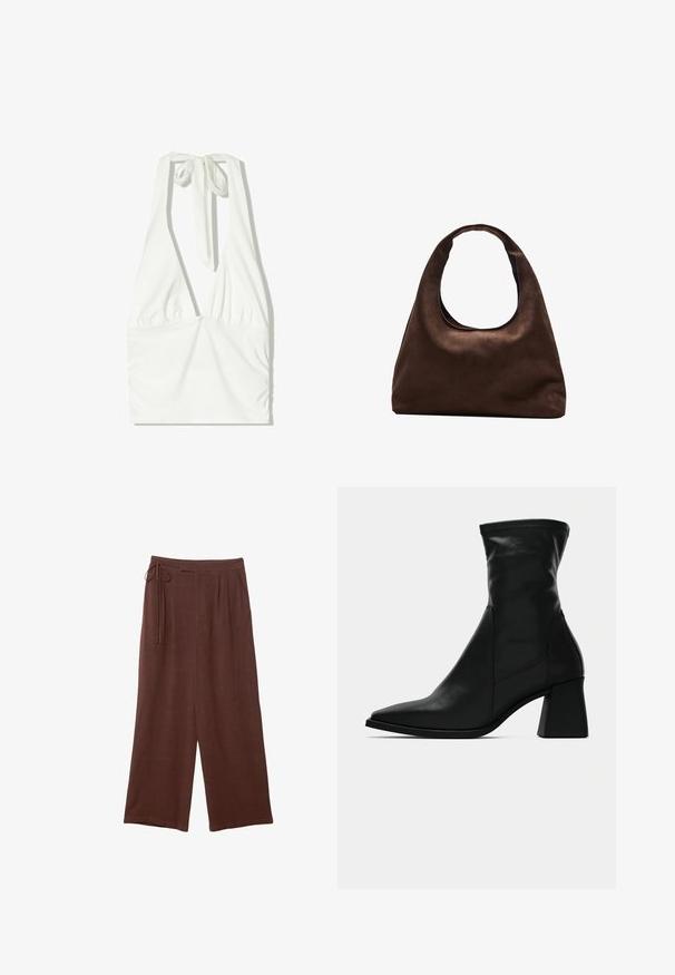 Hvid halterneck-top med dyb V-udskæring, samlet front og justerbar snøring i nakken. Fremstillet af blødt, struktureret stof.; Brune bredbensbukser med snor i taljen, med folder og en blød tekstur, lavet af letvægtsstof.; Sorte ankelstøvler med spids tå, lavet af glat læder. Har en blokhæl og en tætsiddende skaft, med synlige sømdetaljer.; Blød brun hobo-stil håndtaske med en enkelt bred strop og en buet åbning på toppen, vist på en hvid baggrund.