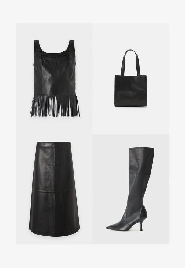 Fekete bőr ujjatlan felső, négyzet alakú nyakkivágással, hosszú rojtos részletekkel az alján és sima textúrával.; STUDIO ID MIDI SKIRT - A-vonalú szoknya - black; Térd fölötti fekete bőr csizmák hegyes orral és karcsú stiletto sarkal. Simább textúrájúak, jól illeszkedő kialakítással és varrással a tetején.; Fekete bőr tote táska, két füllel, téglalap alakú, sima textúrájú, és varrott panel dizájnnal. Nincs fémalkatrész vagy további díszítés.